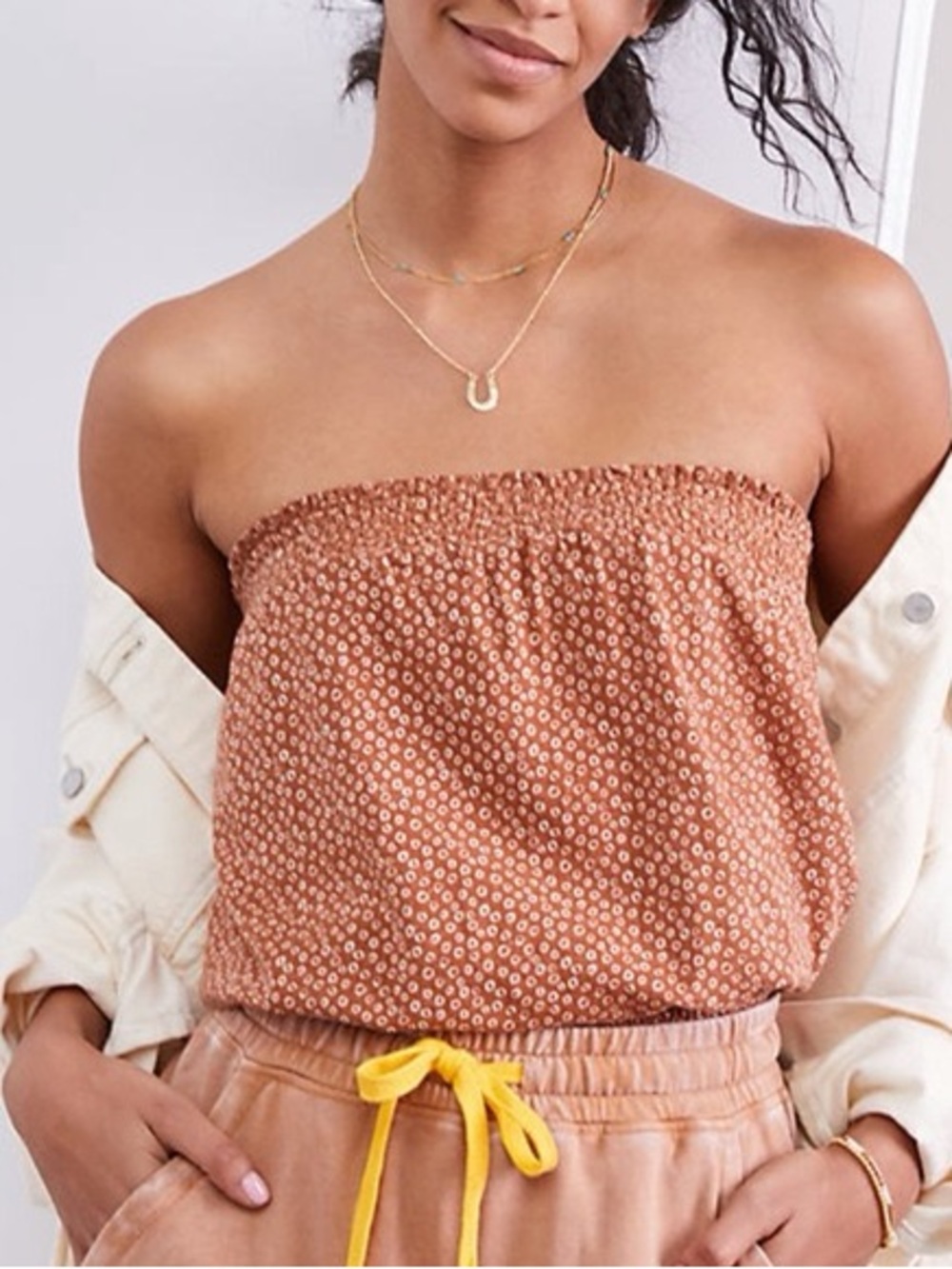 Anthropologie Boho Printed Linen Blend Breezy Strapless Tube Top
